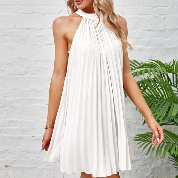 White Preppy Womens Tie Back Pleated Halter Dress - Picture 5 of 5